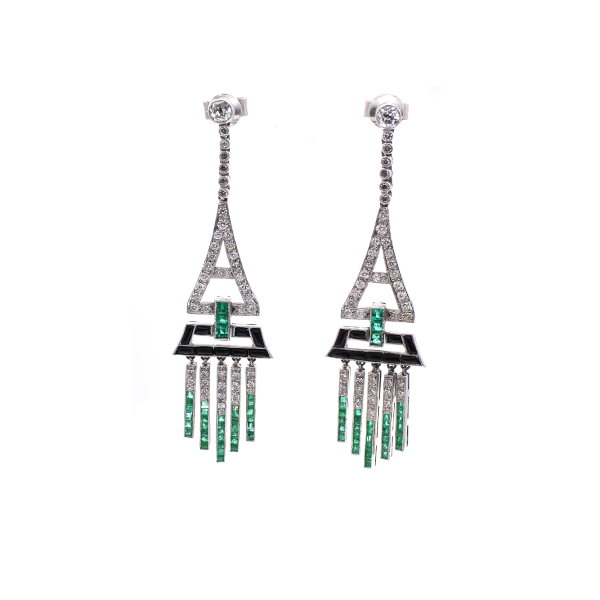 Art Deco Platinum Diamond, Emerald & Onyx Earrings
 front