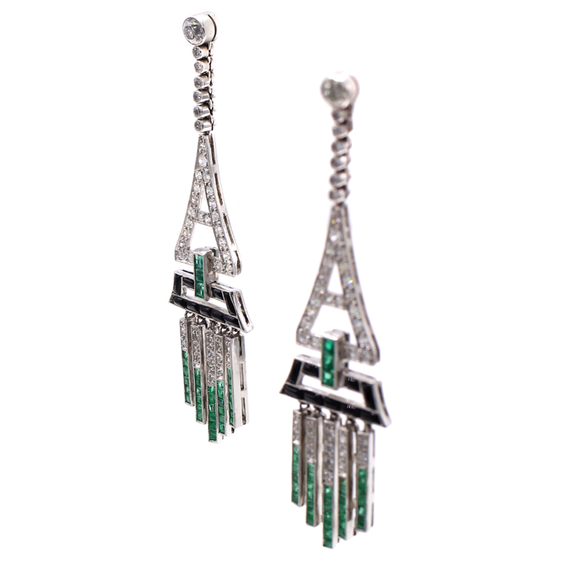 Art Deco Platinum Diamond, Emerald & Onyx Earrings
 side