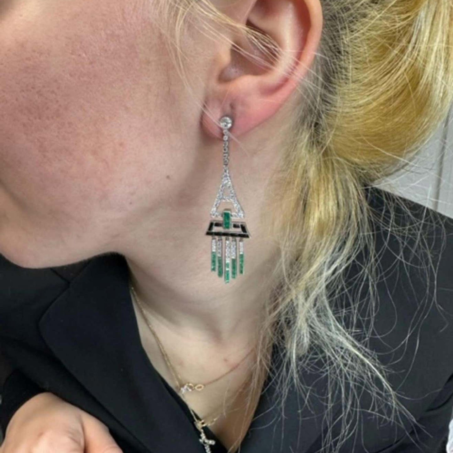Art Deco Platinum Diamond, Emerald & Onyx Earrings
 worn on ear