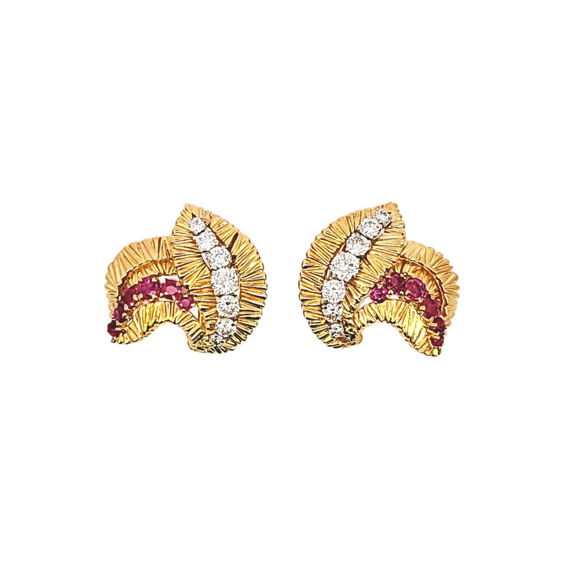 1950s 18KT Yellow Gold Ruby & Diamond Earrings front