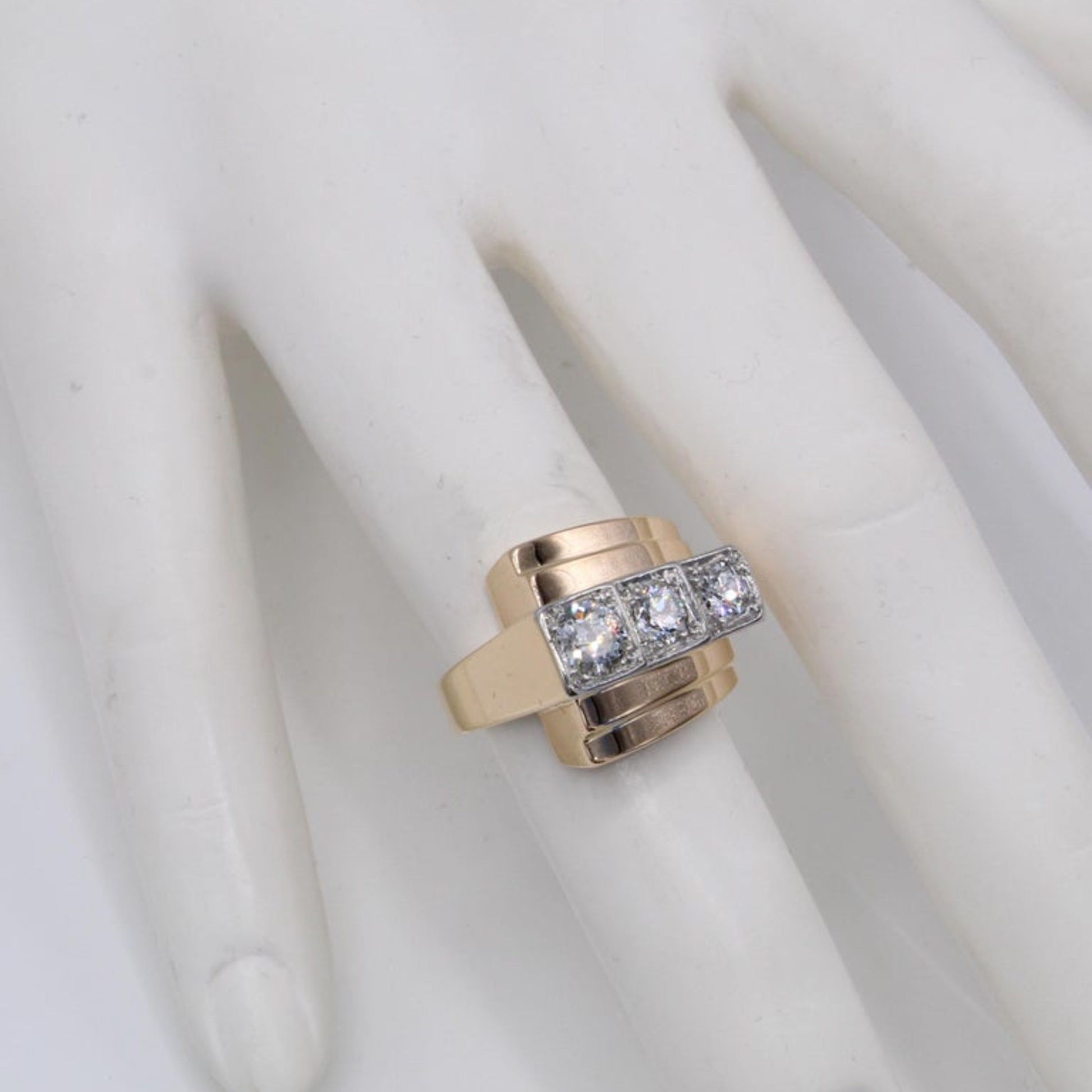 French Retro Platinum & 18KT Rose Gold Diamond Ring on finger