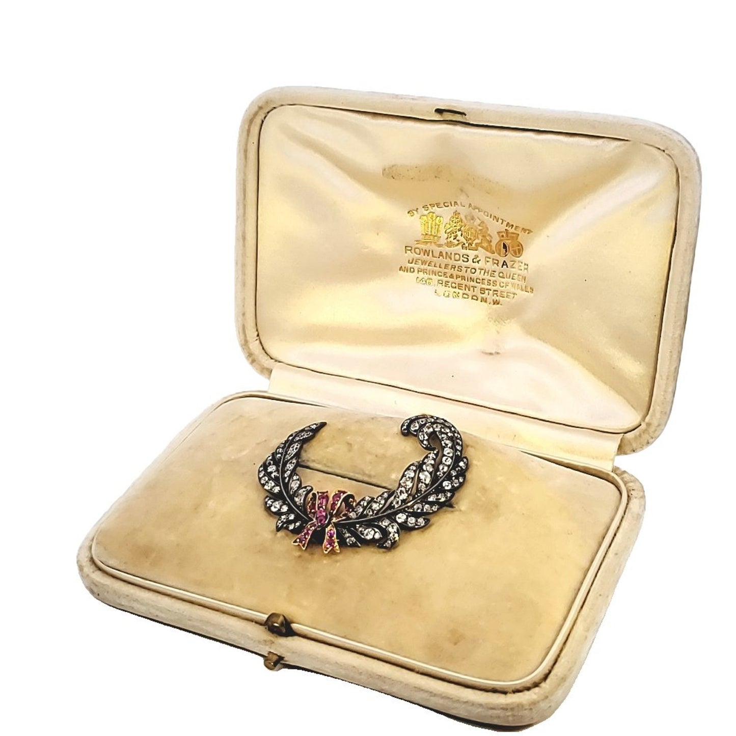 Rowlands & Frazer Antique Silver & 18KT Yellow Gold Diamond & Ruby Brooch / Hair Clip in box