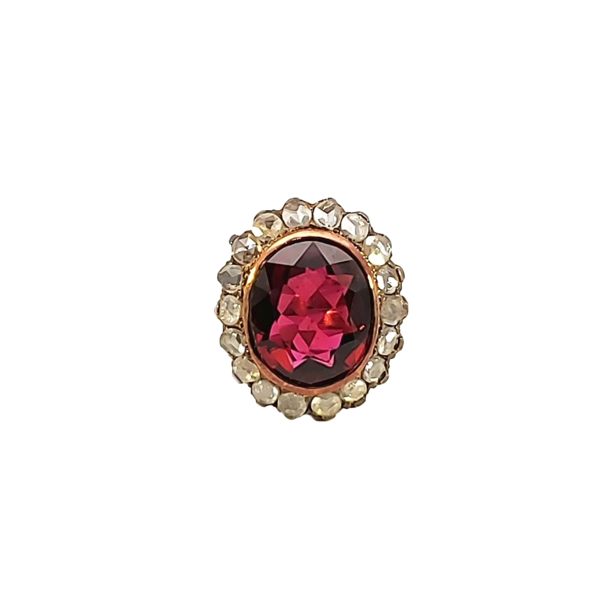 1970s 18KT Yellow Gold Rubellite & Diamond Ring front
