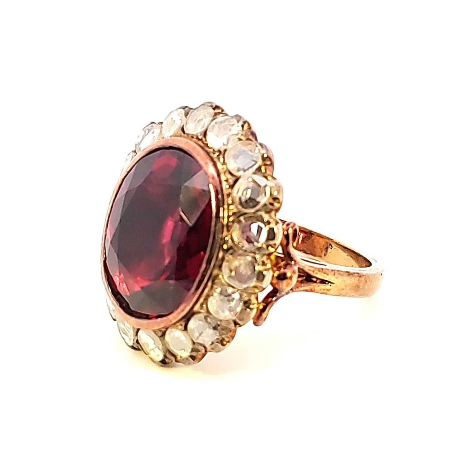 1970s 18KT Yellow Gold Rubellite & Diamond Ring side