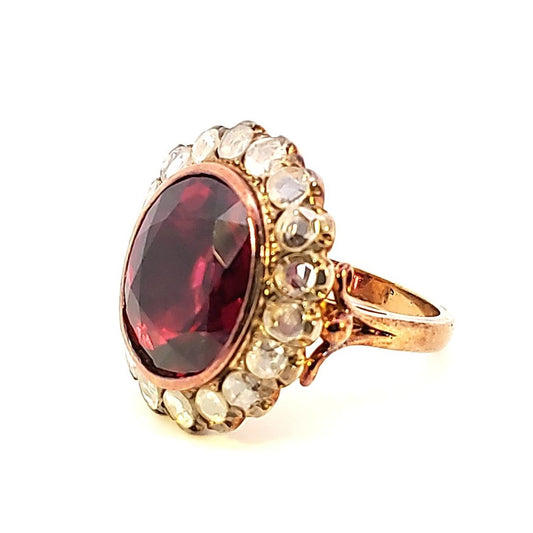 1970s 18KT Yellow Gold Rubellite & Diamond Ring side