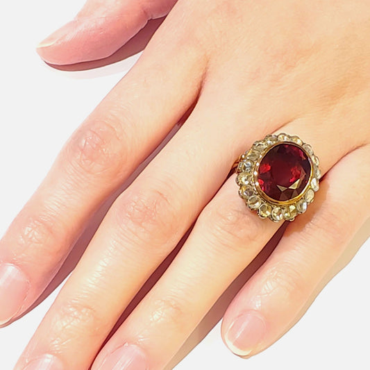 1970s 18KT Yellow Gold Rubellite & Diamond Ring on hand