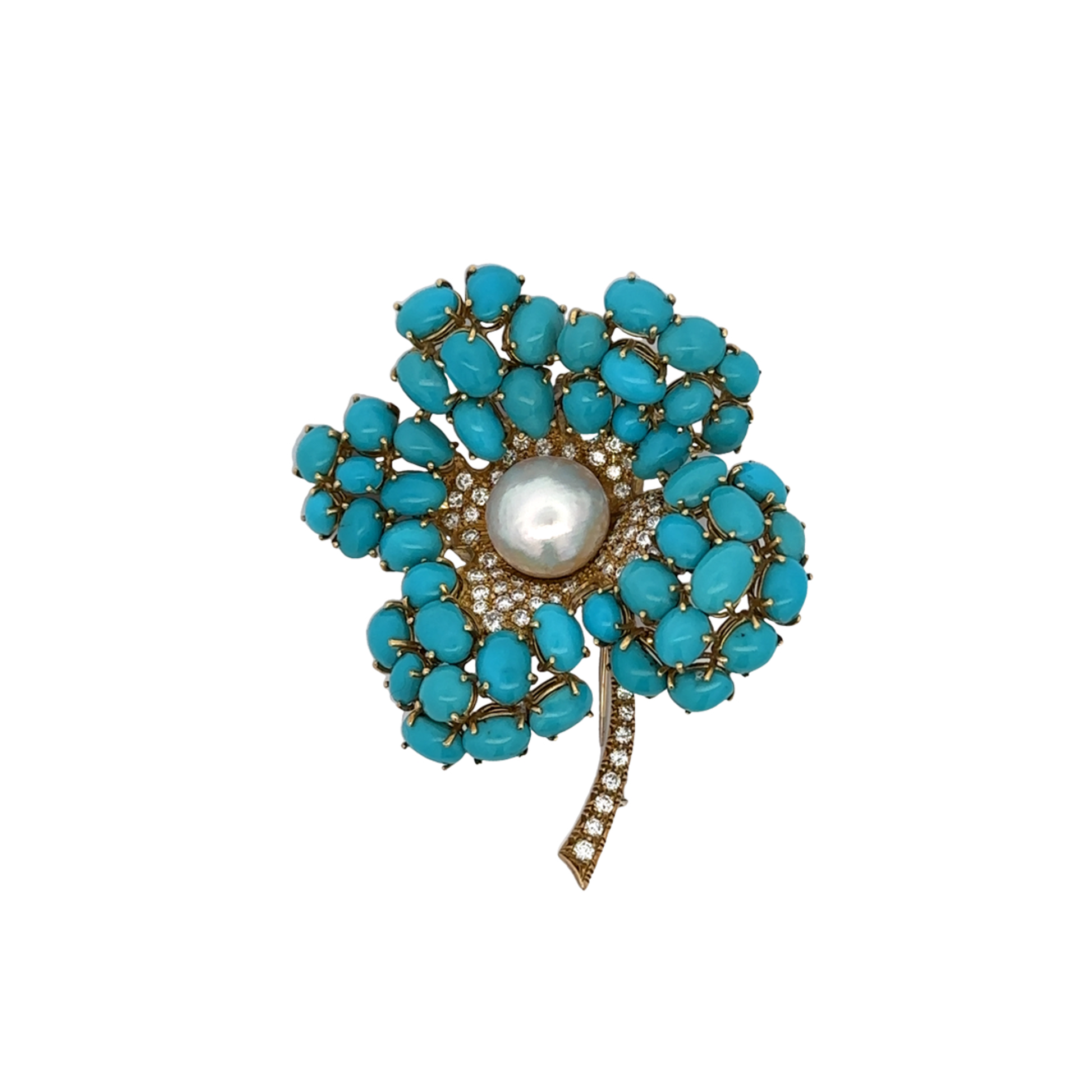 1970s 18KT Yellow Gold Turquoise, Diamond & Natural Pearl Flower Brooch front