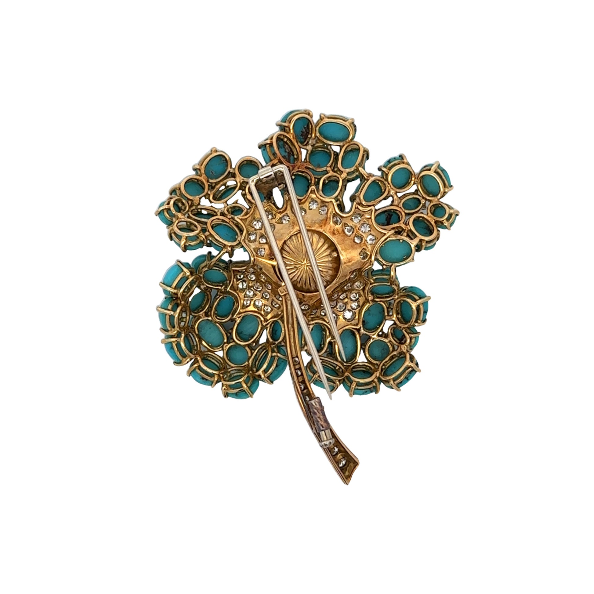 1970s 18KT Yellow Gold Turquoise, Diamond & Natural Pearl Flower Brooch back