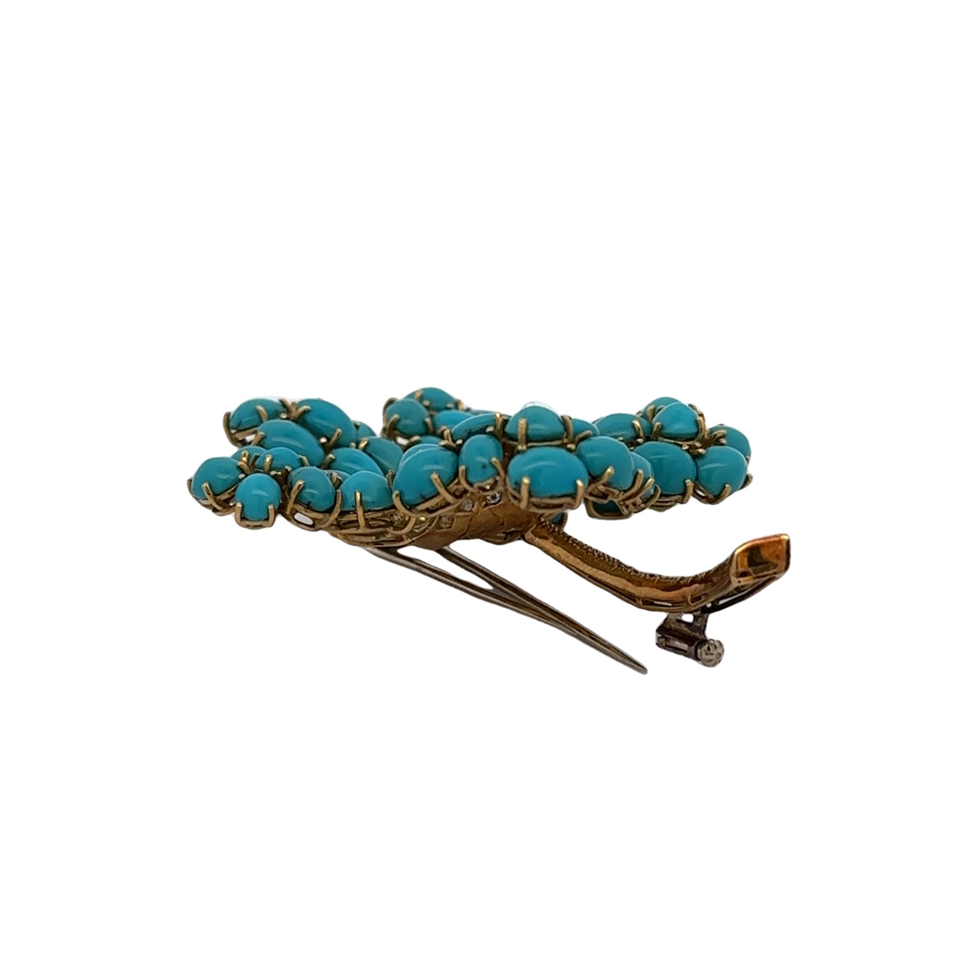 1970s 18KT Yellow Gold Turquoise, Diamond & Natural Pearl Flower Brooch side