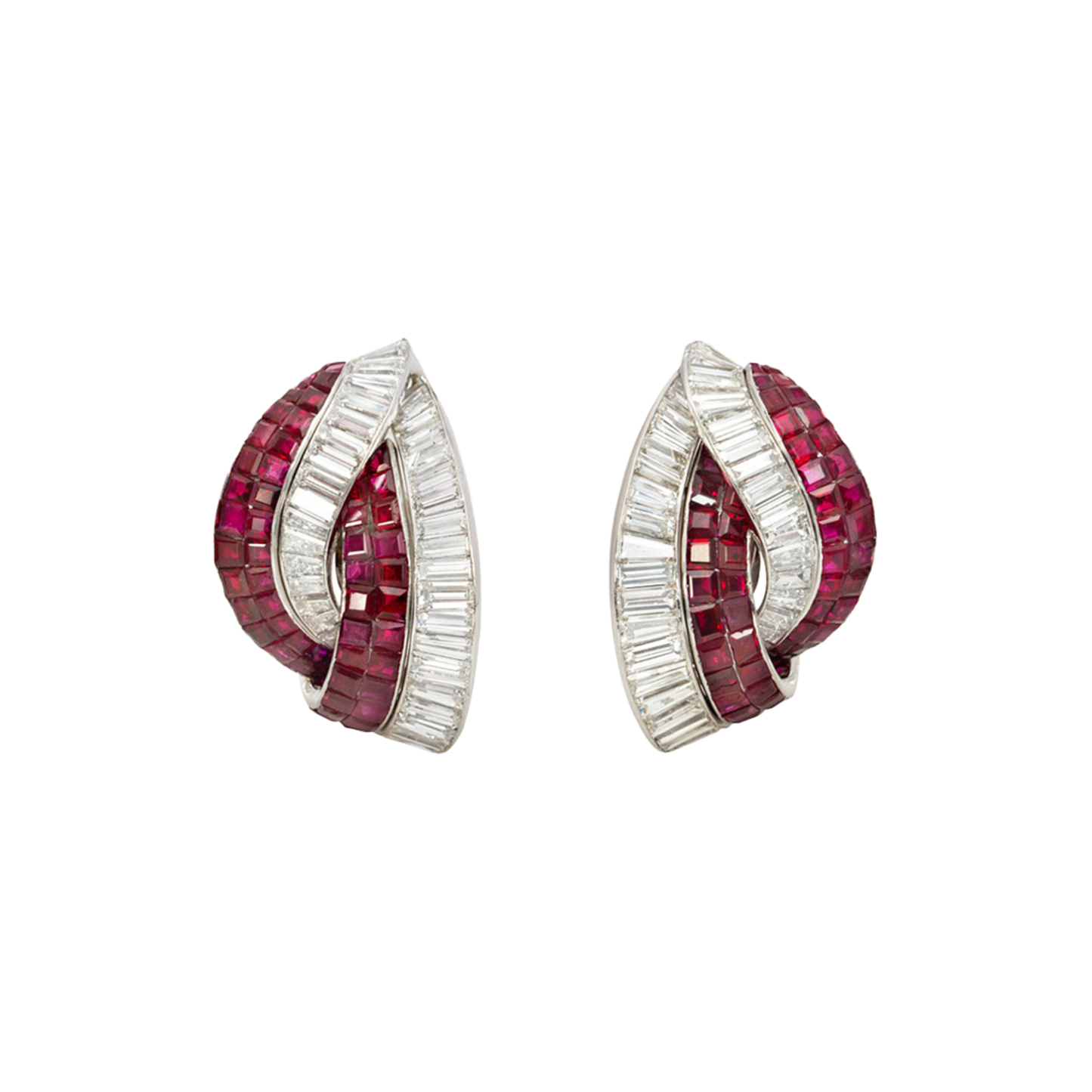 Retro Platinum Invisibly Set Ruby & Diamond Stylized Knot Earrings front view