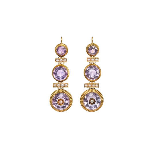 French Victorian 18KT Yellow Gold Amethyst & Natural Pearl Earrings front