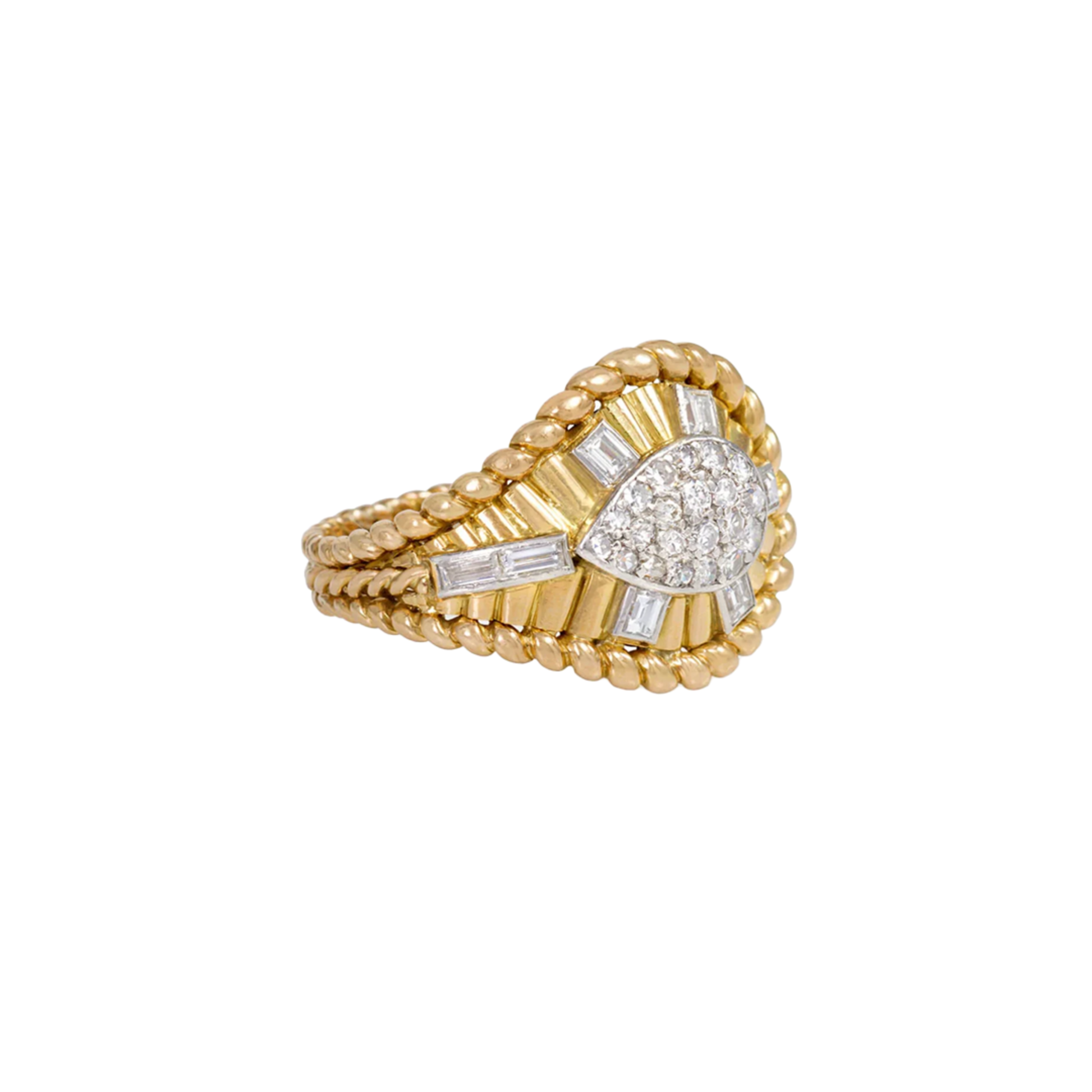 1950s Platinum & 18KT Yellow Gold Diamond Teardrop Ring front side