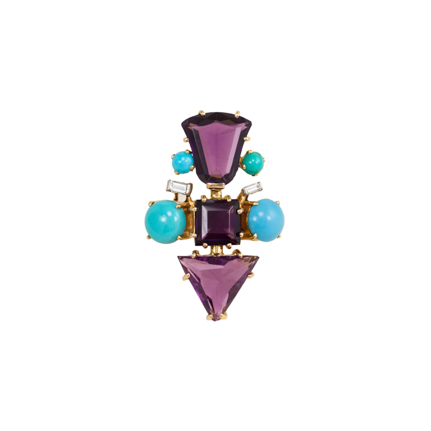 French 1950s 18KT Yellow Gold Amethyst, Diamond & Turquoise Ring front view