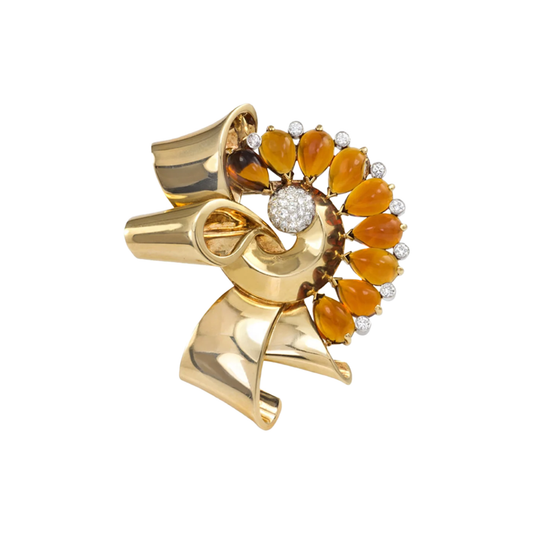 Retro 14KT Yellow Gold & Platinum Diamond & Citrine Scrolled Bow Brooch front view