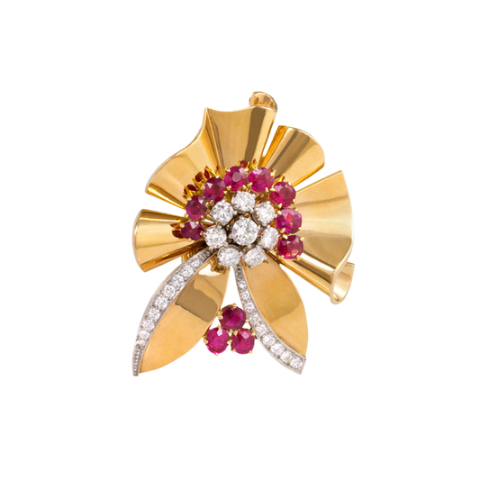 Bailey, Banks & Biddle Sasportas French 1950s 18KT Yellow Gold Diamond & Ruby Brooch front
