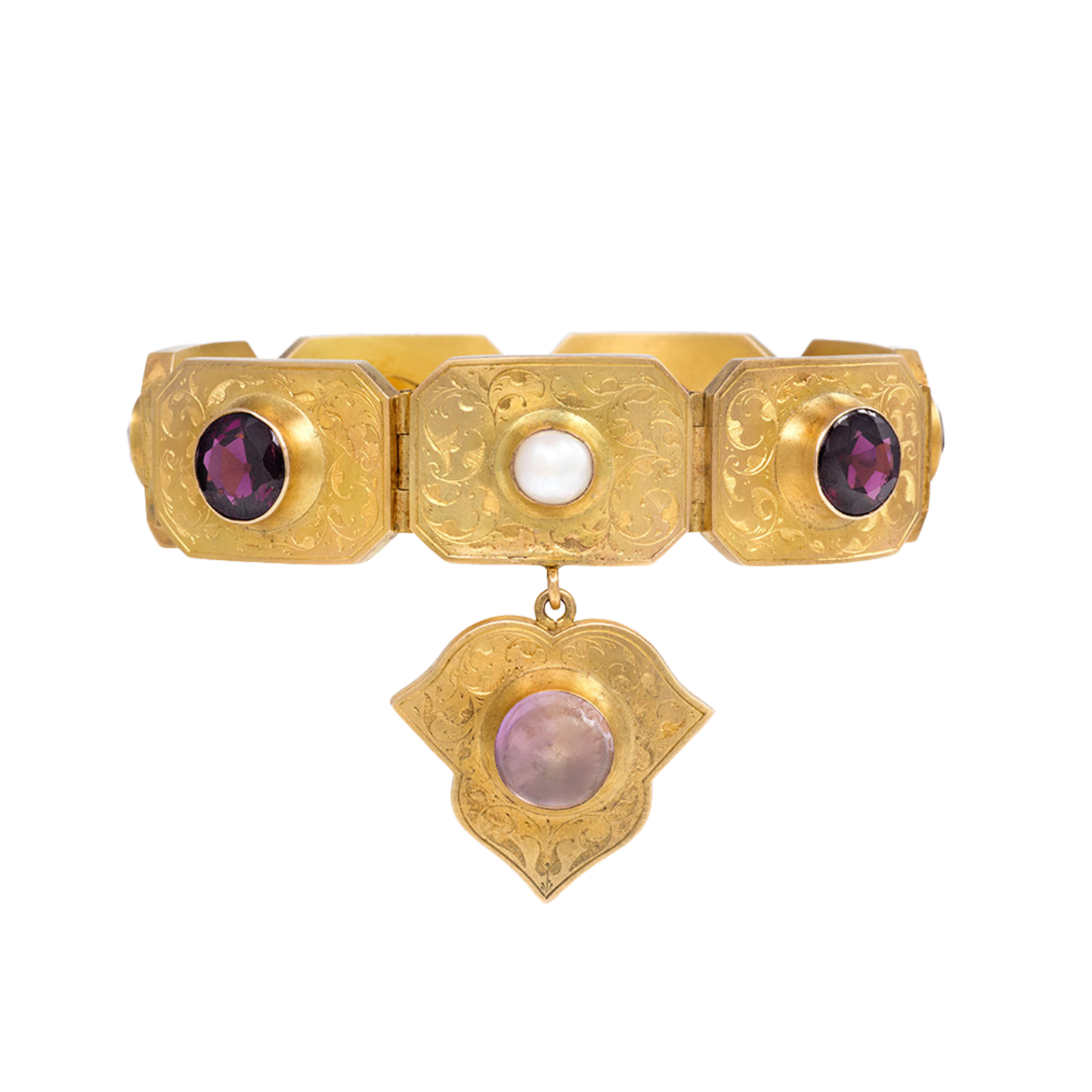 Antique 15KT Yellow Gold Amethyst, Citrine, Garnet, Cultured Pearl & Rose Quartz Plaque Bracelet front