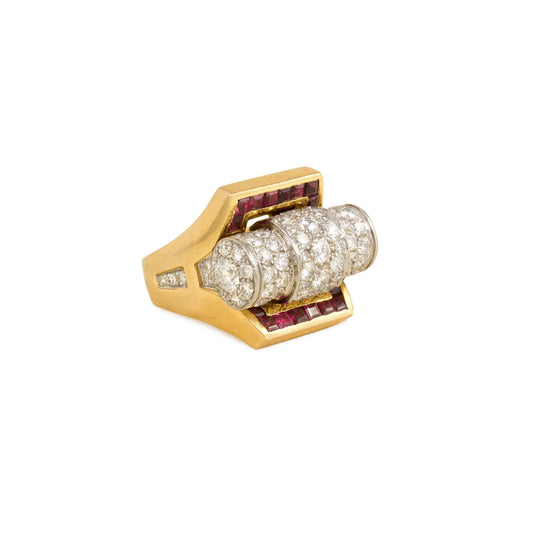 French 1940s 18KT Yellow Gold & Platinum Diamond & Ruby Ring side