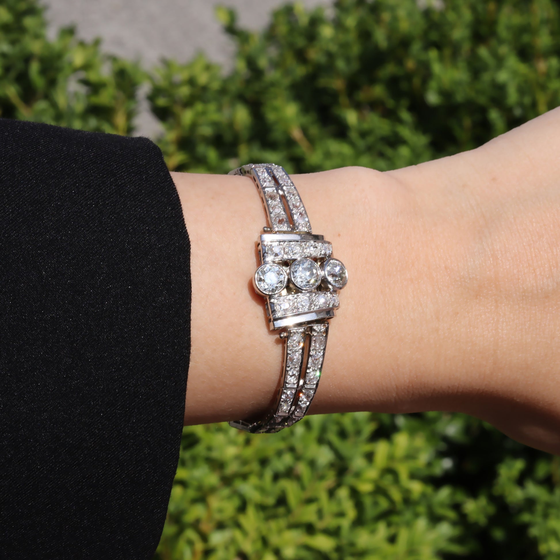 1930s Platinum Diamond Necklace / Bracelet on wrist