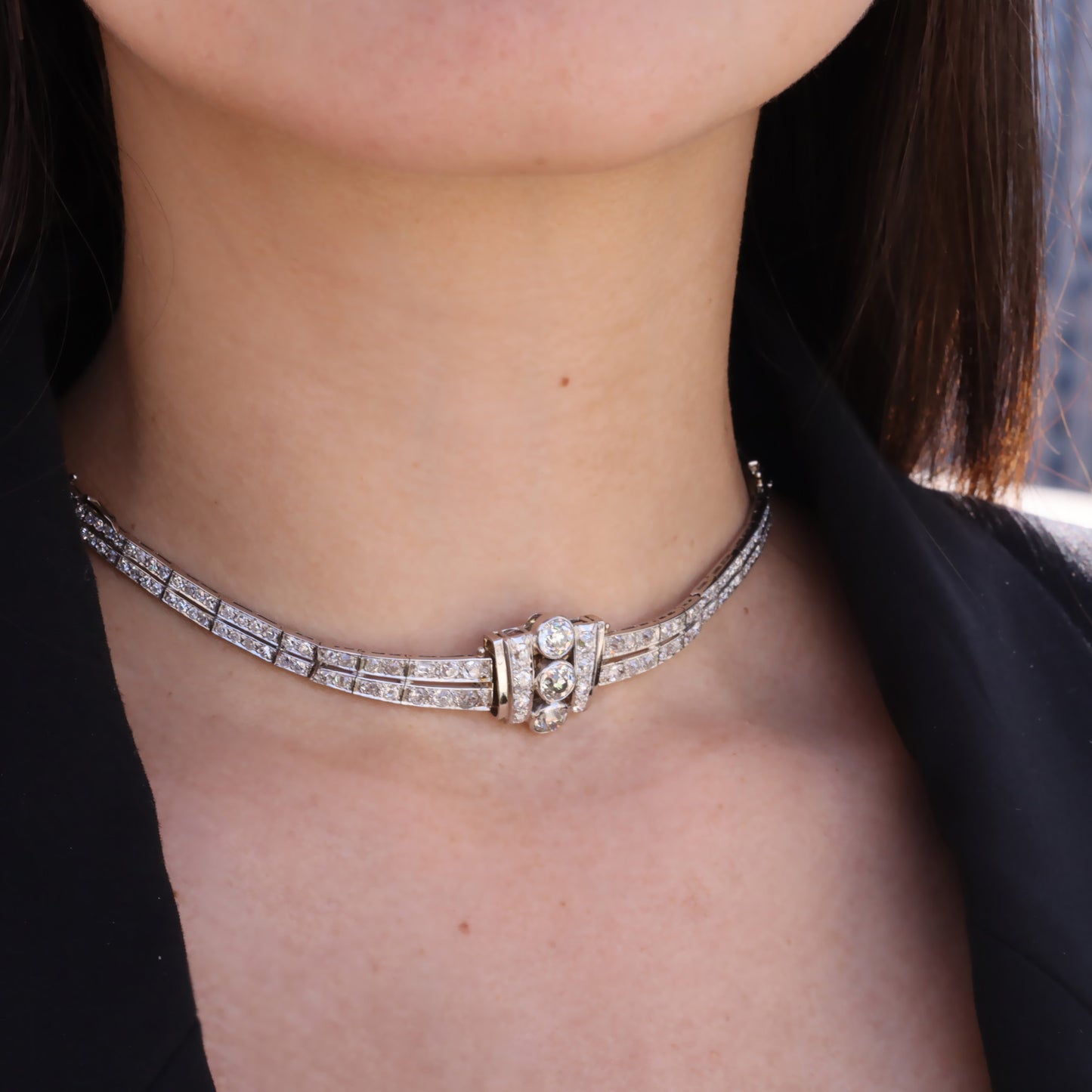 1930s Platinum Diamond Necklace / Bracelet on neck