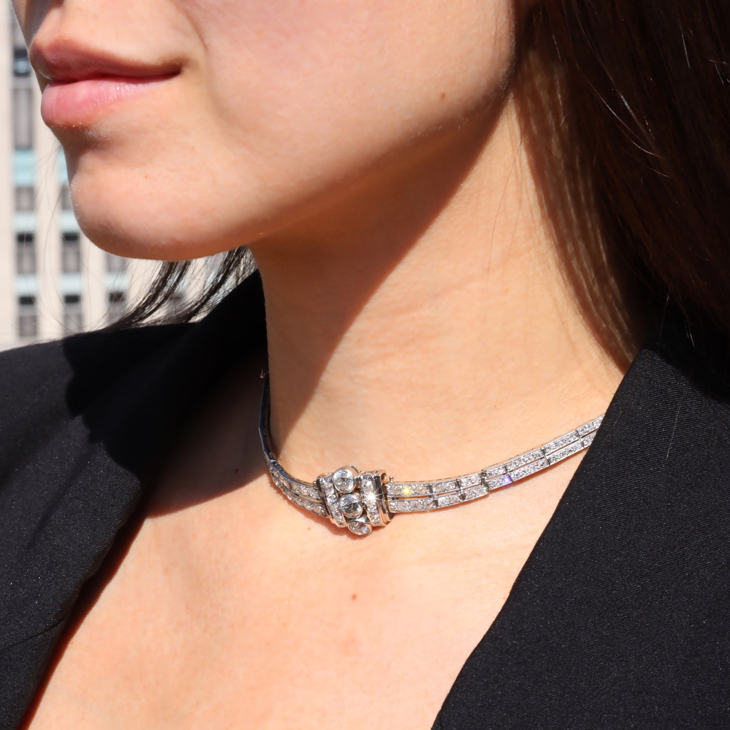 1930s Platinum Diamond Necklace / Bracelet on neck
