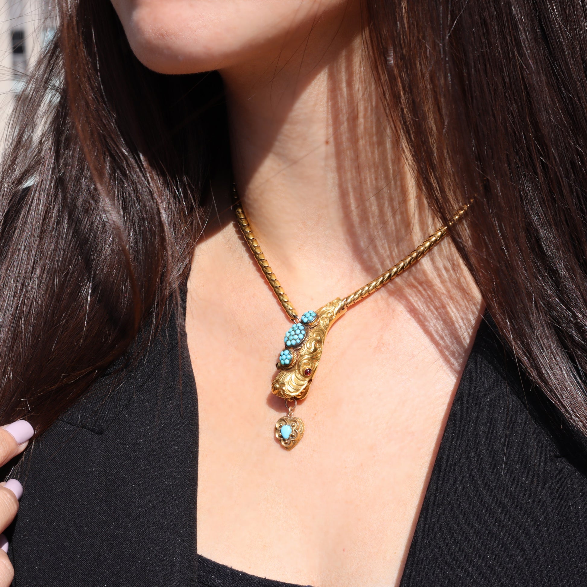 Victorian 18KT Yellow Gold Garnet & Turquoise Snake Necklace on neck
