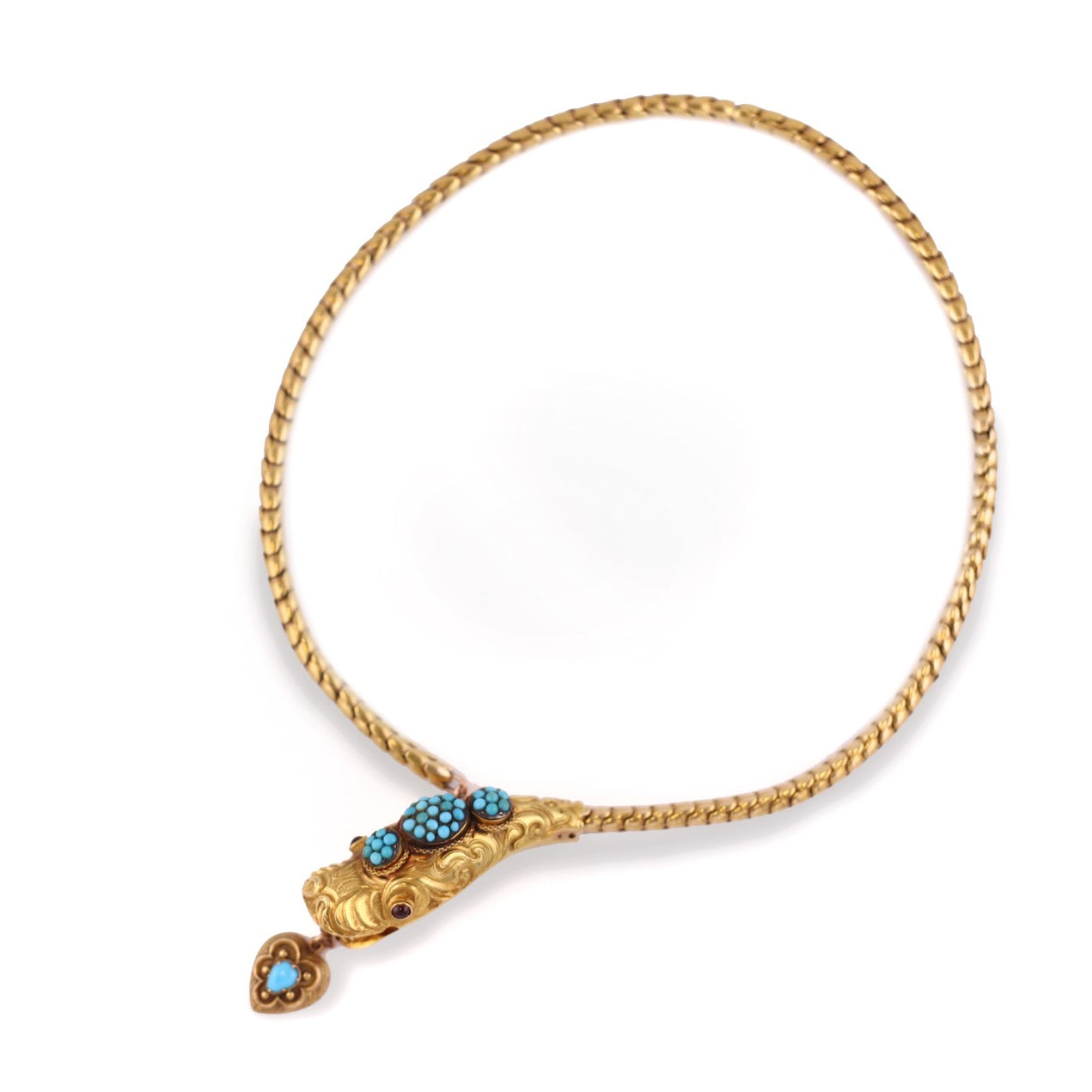 Victorian 18KT Yellow Gold Garnet & Turquoise Snake Necklace front