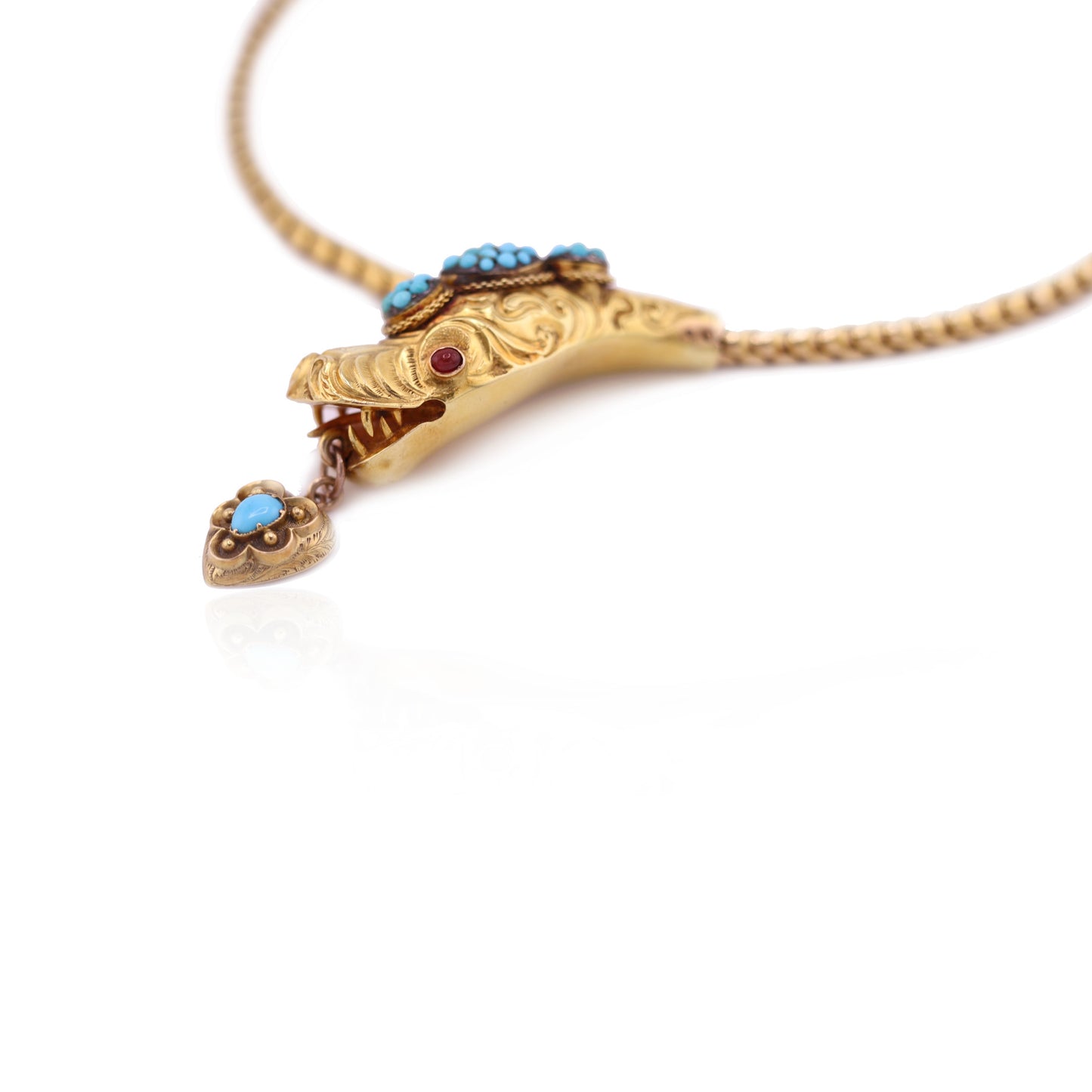 Victorian 18KT Yellow Gold Garnet & Turquoise Snake Necklace close up