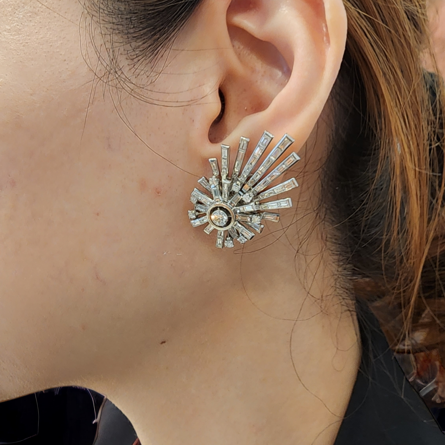 1960s Platinum Diamond Shooting Star Earrings on ear