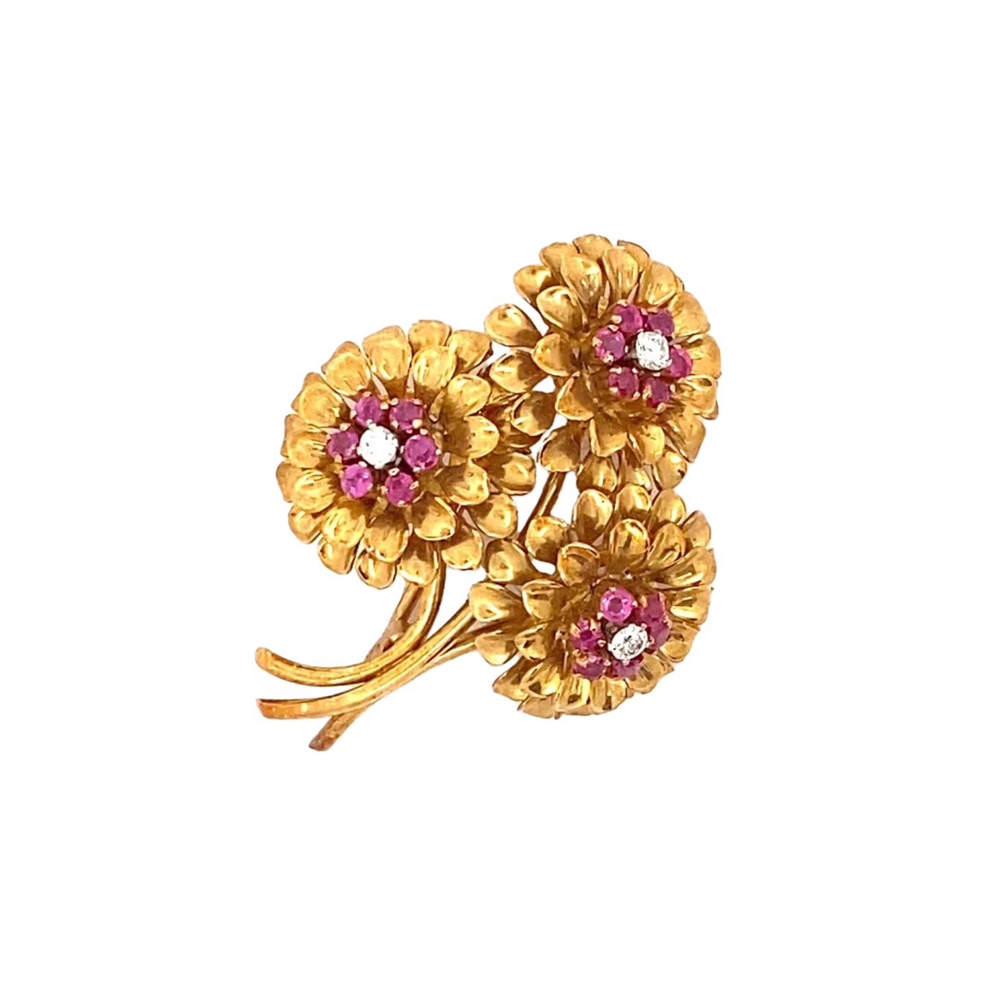 Tiffany & Co. 1960s 18KT Yellow Gold Ruby & Diamond Flower Brooch front view
