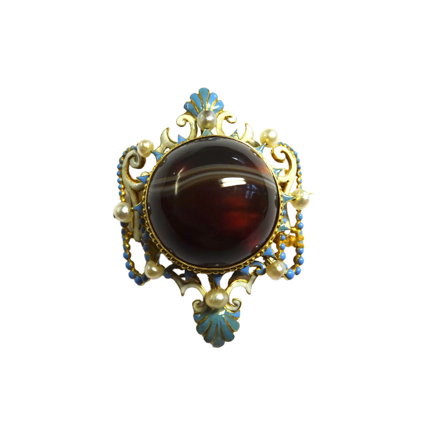 Antique 18KT Yellow Gold Carnelian Agate, Enamel & Natural Pearl Brooch front
