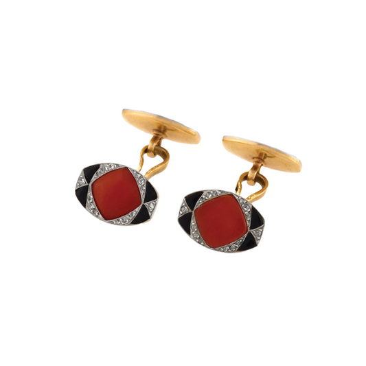 Art Deco French Platinum & Yellow Gold Diamond, Coral & Onyx Cufflinks front view