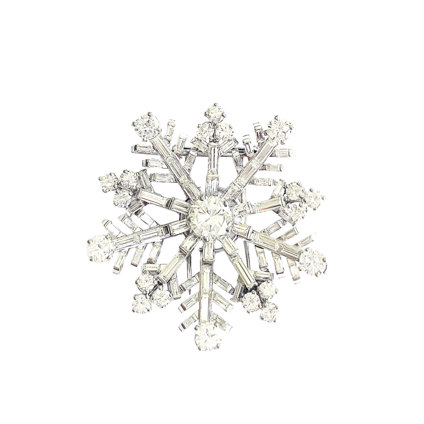 French 1960s Platinum Diamond Snowflake Brooch front