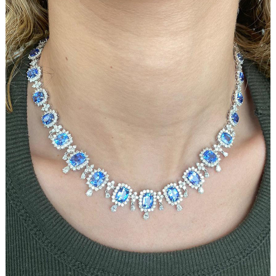 Post-1980s 18KT White Gold Sapphire & Diamond Necklace on neck