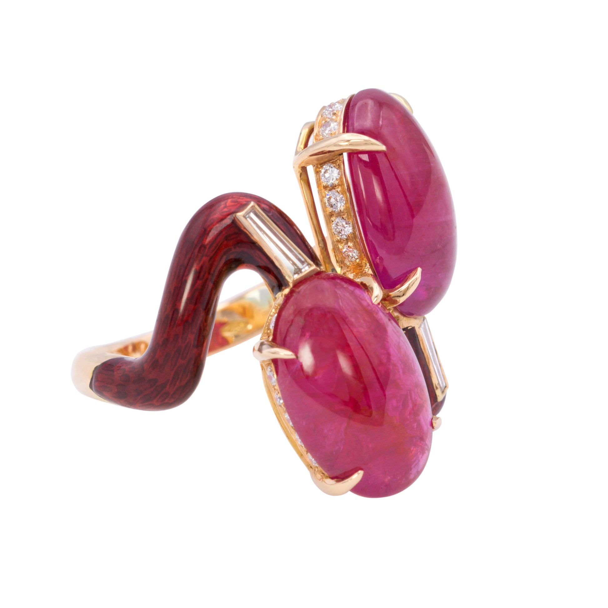 18KT Yellow Gold Ruby, Diamond & Enamel Ring front side