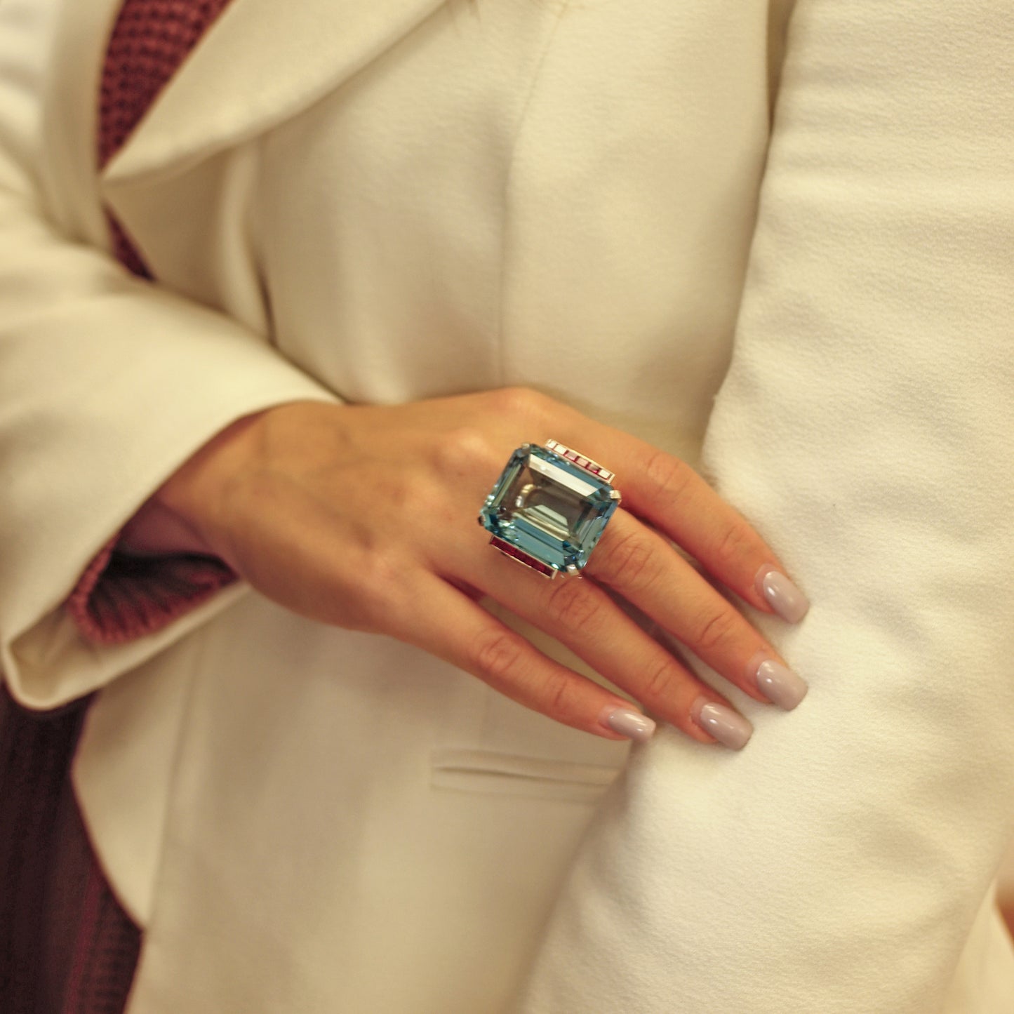 1940s 18KT Yellow Gold Aquamarine & Ruby Ring on finger