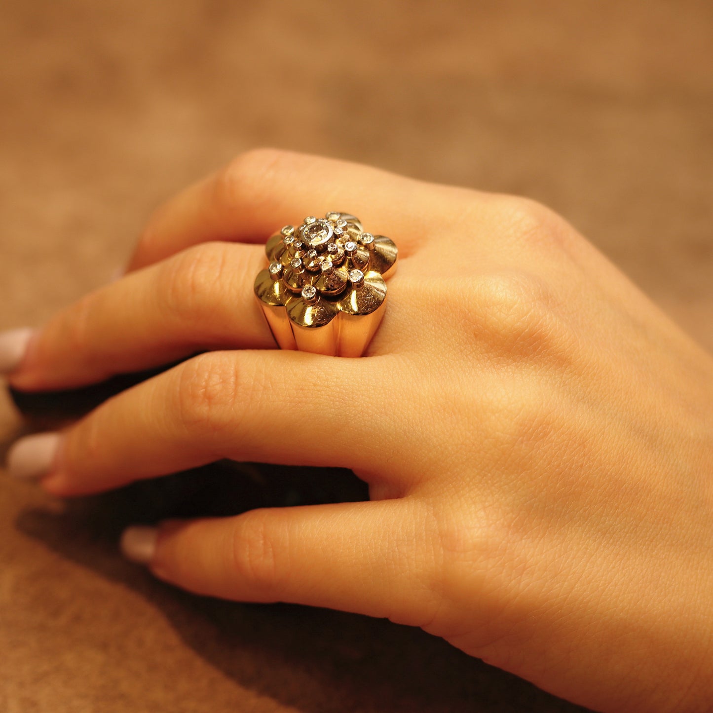 French 1940s 18KT Yellow Gold Diamond Ring on finger on finger