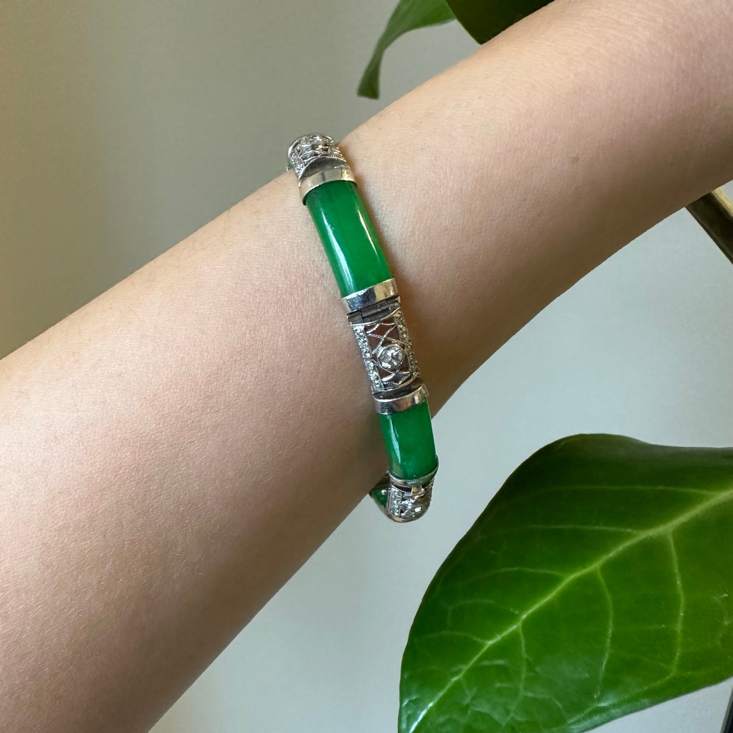 Edwardian Platinum Jade & Diamond Bracelet on wrist
