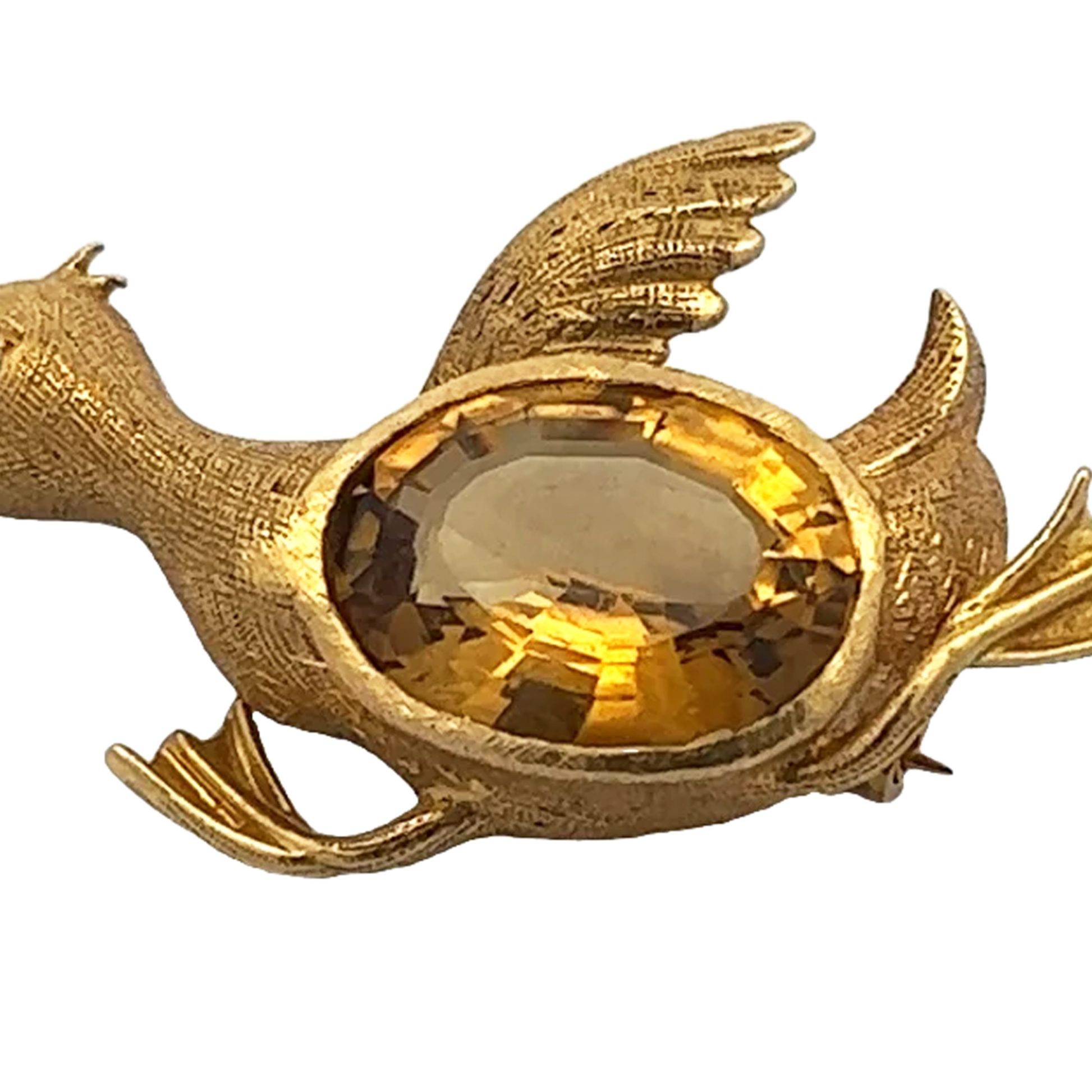 1970s 18KT Yellow Gold Citrine & Sapphire Duck Brooch close-up