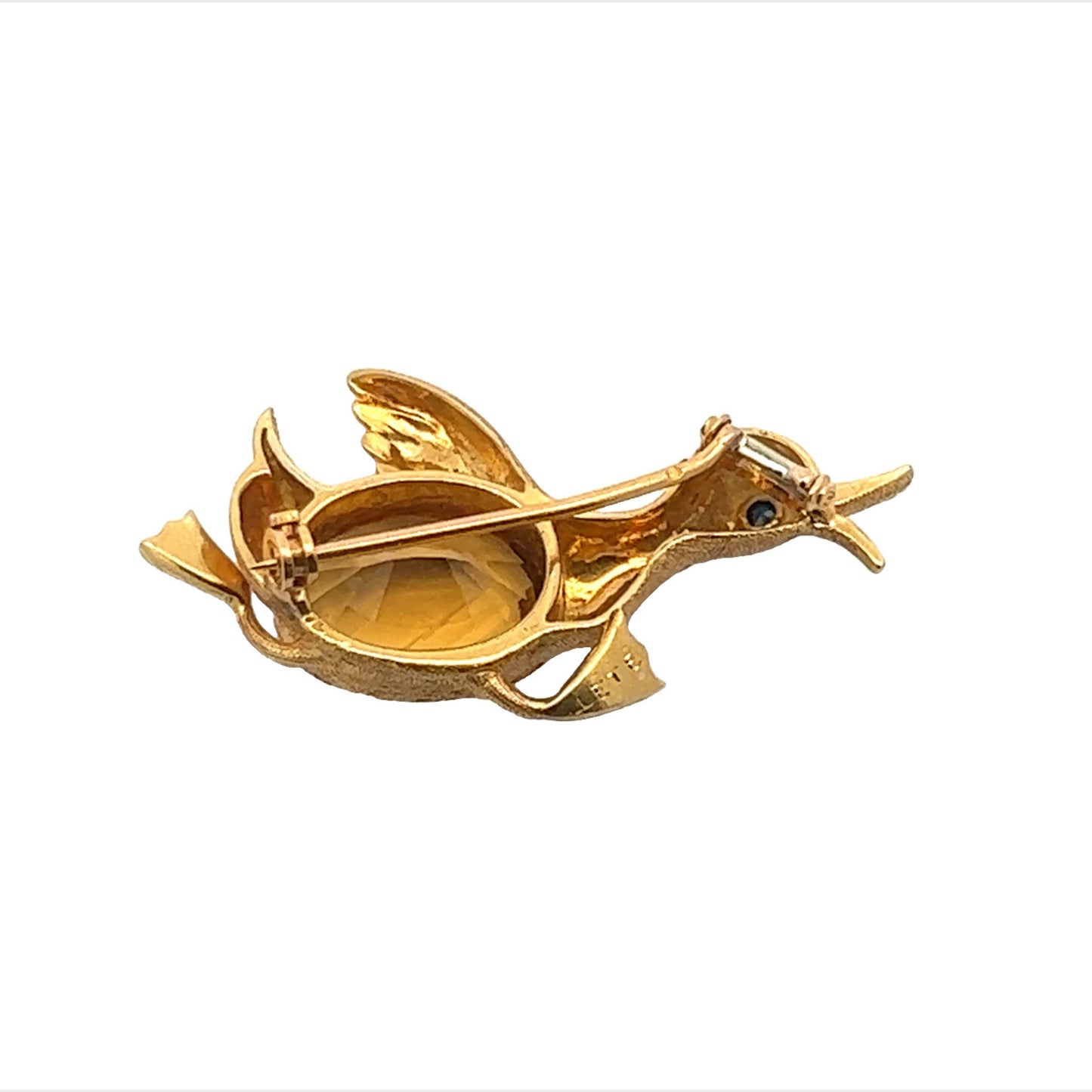 1970s 18KT Yellow Gold Citrine & Sapphire Duck Brooch back