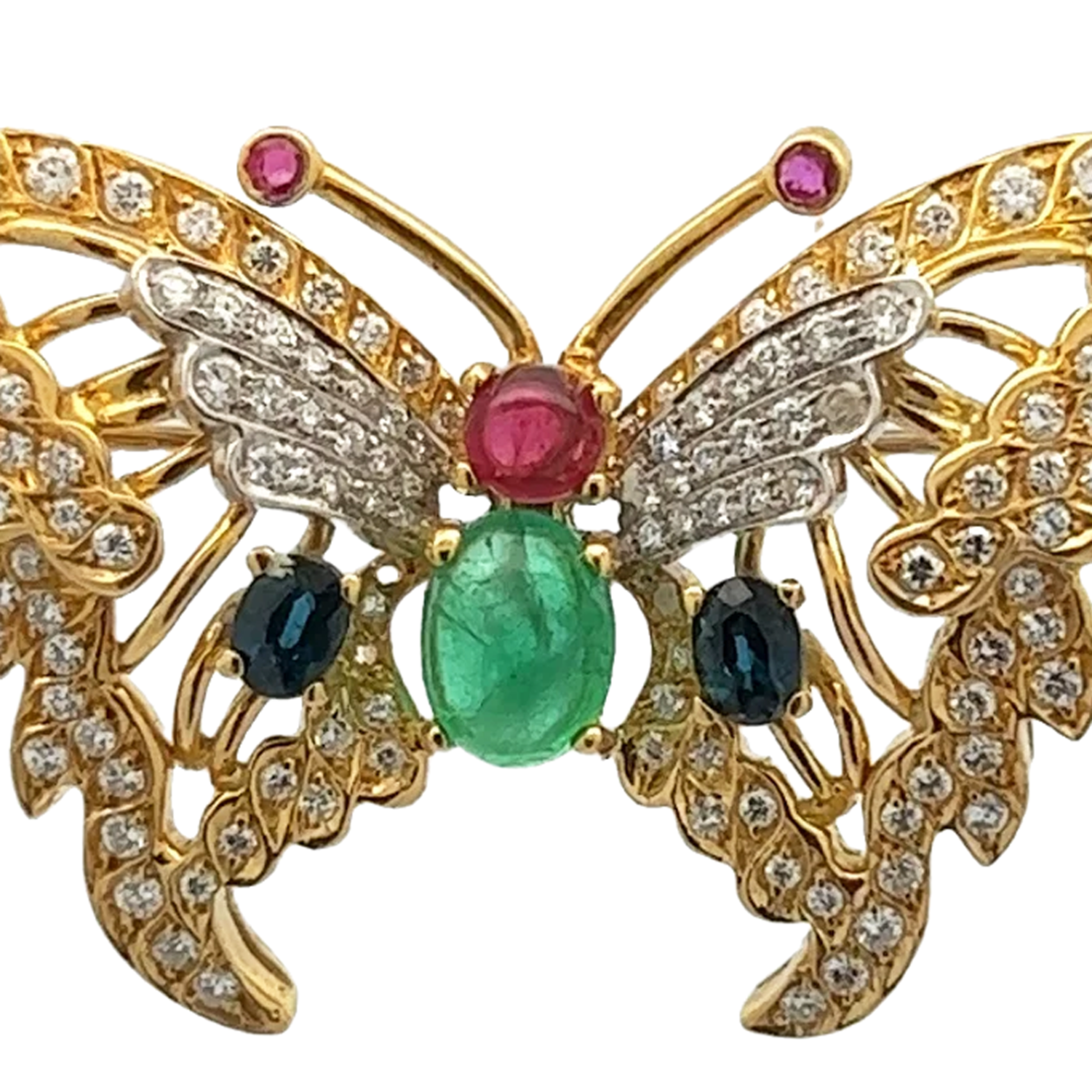 1970s 18KT Yellow Gold Diamond, Emerald, Ruby & Sapphire Butterfly Brooch close-up