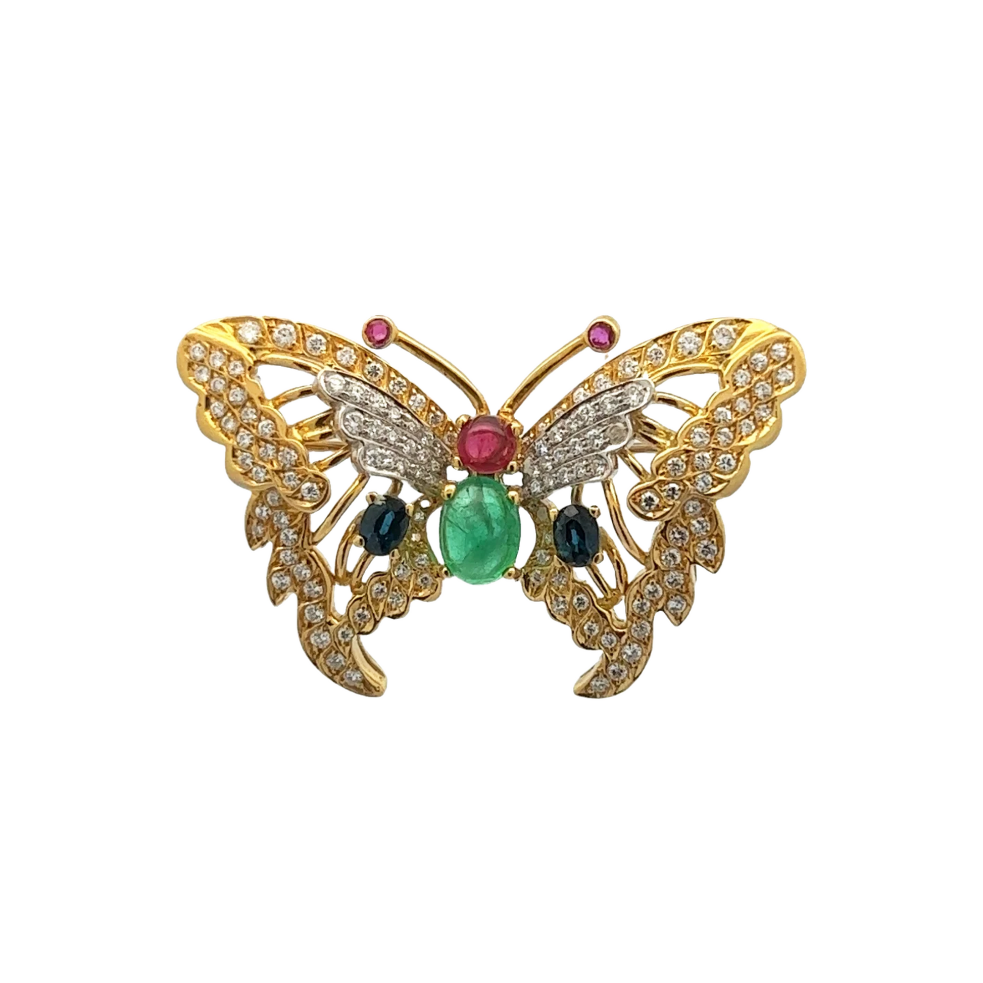 1970s 18KT Yellow Gold Diamond, Emerald, Ruby & Sapphire Butterfly Brooch front
