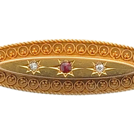 Antique 15KT Yellow Gold Diamond & Ruby Brooch close-up