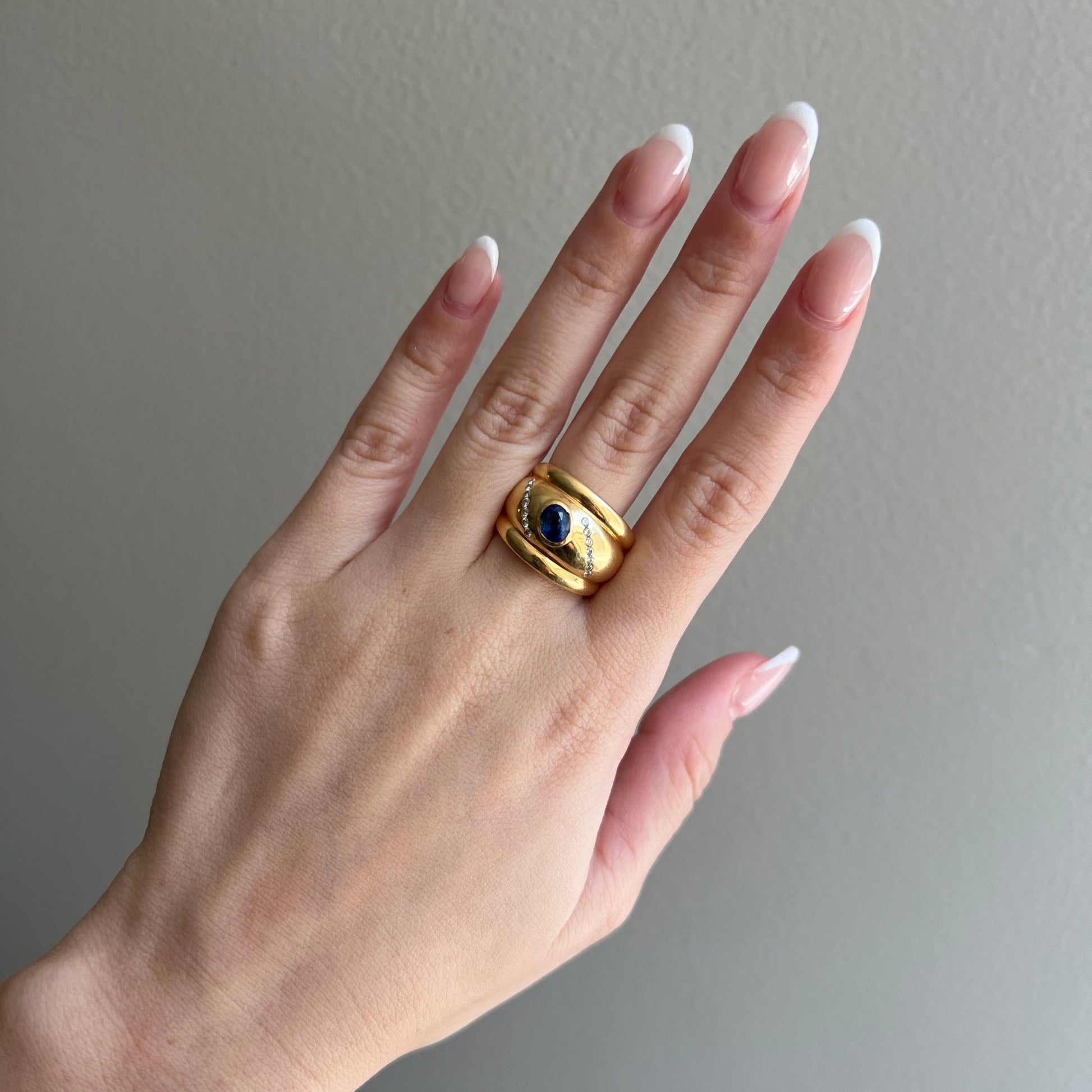 1960s 18KT Yellow Gold Sapphire & Diamond Ring on hand