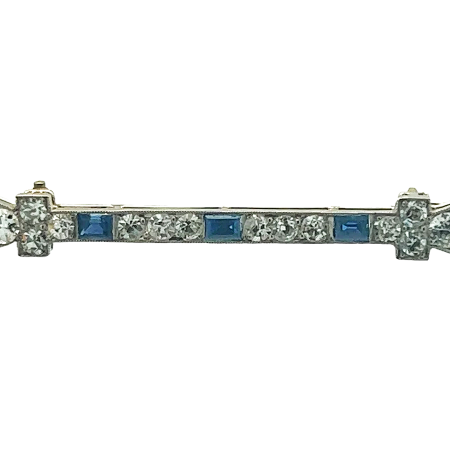 Art Deco Platinum Diamond & Sapphire Bar Brooch close-up