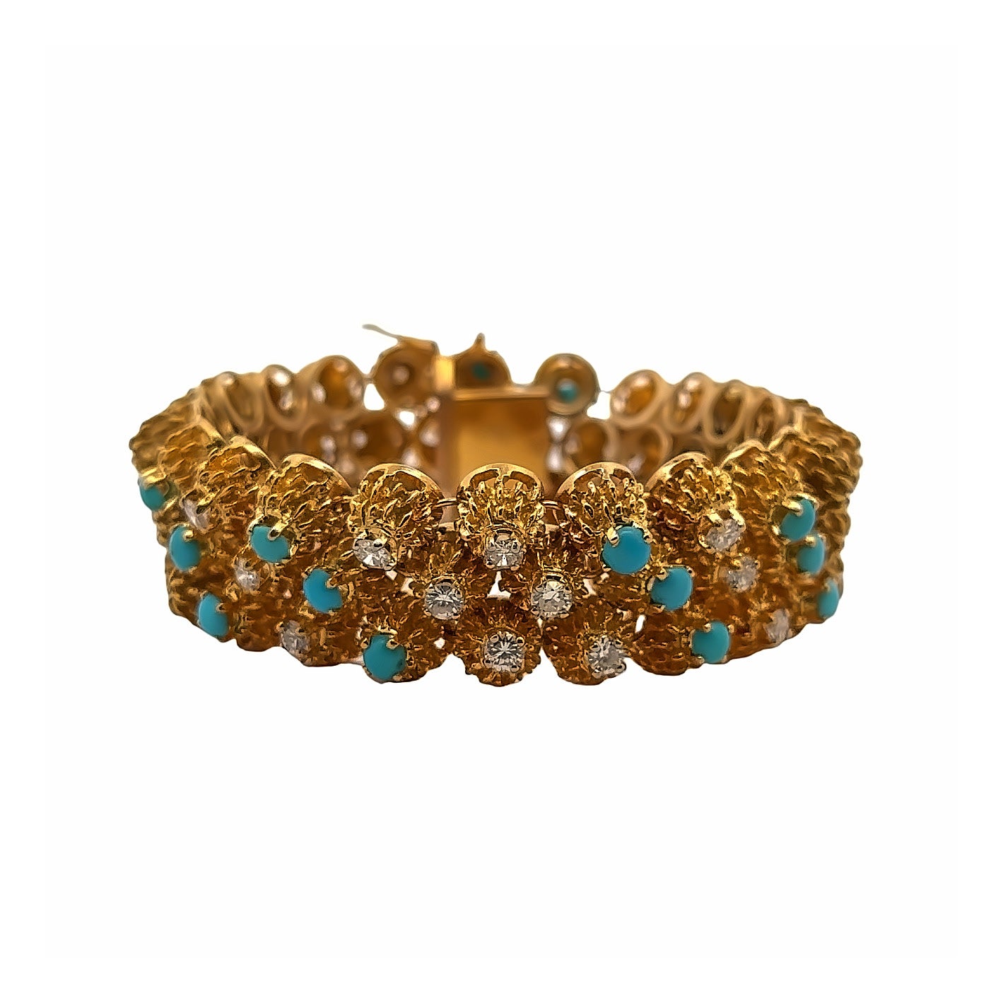 1970s French 18KT Yellow Gold Diamond & Turquoise Bracelet front