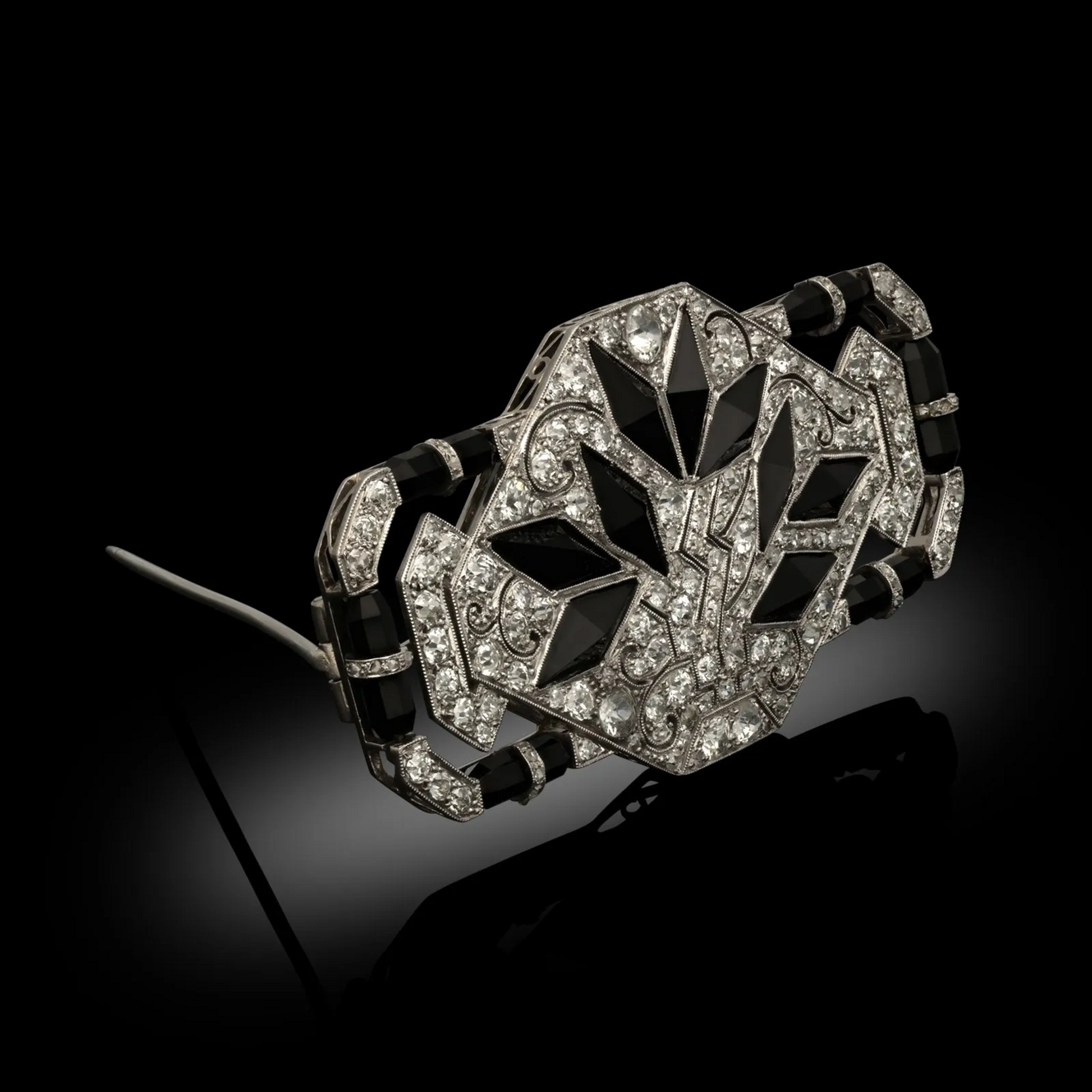 Art Deco Platinum Onyx & Diamond 'Jardinere' Brooch front side