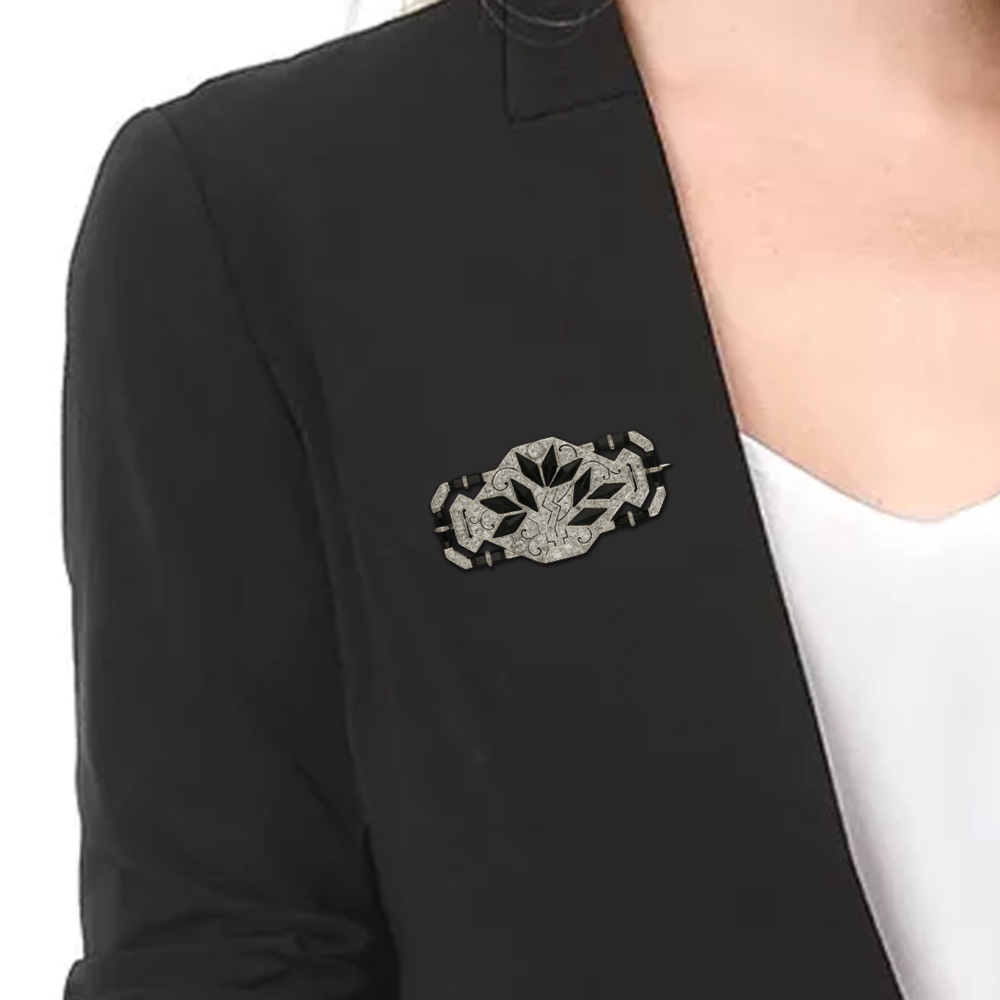 Art Deco Platinum Onyx & Diamond 'Jardinere' Brooch on blazer