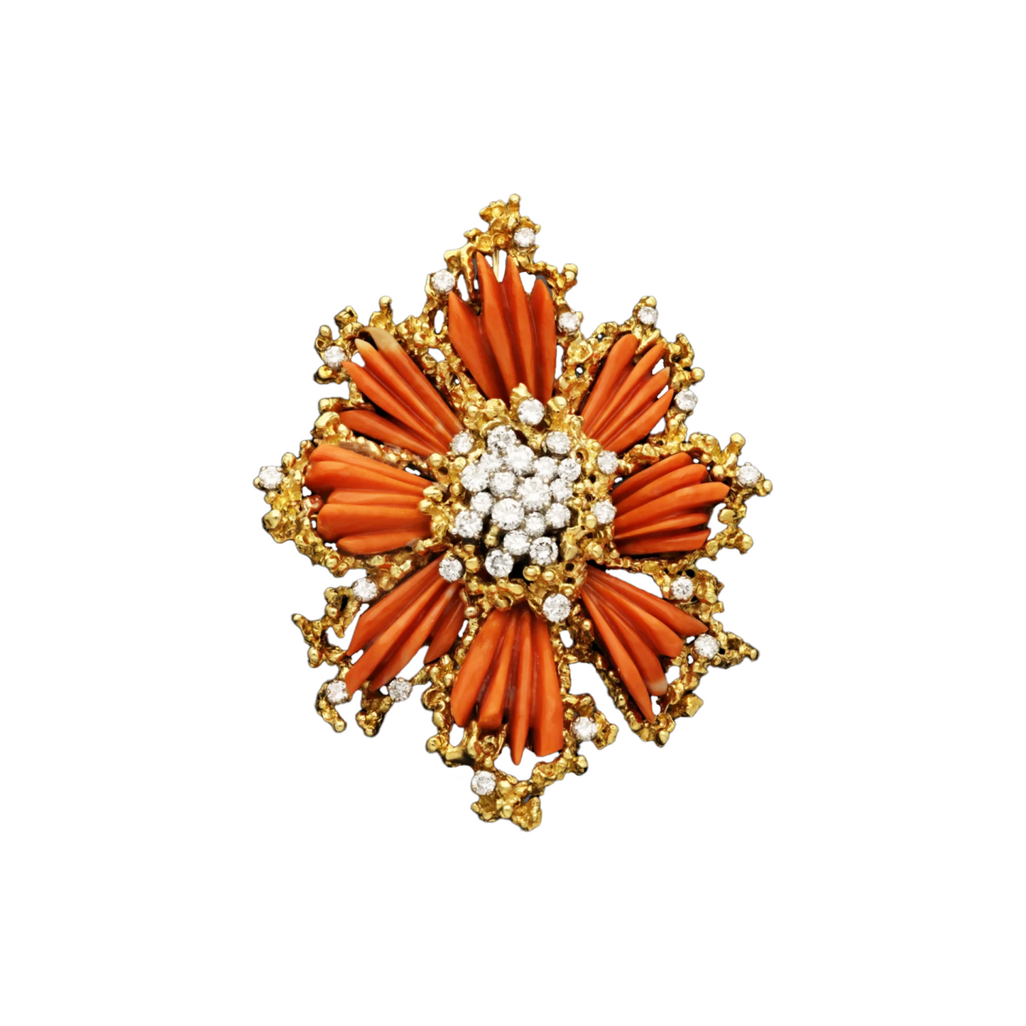 Kutchinsky 1960s 18KT Yellow Gold Coral & Diamond Brooch Pendant front