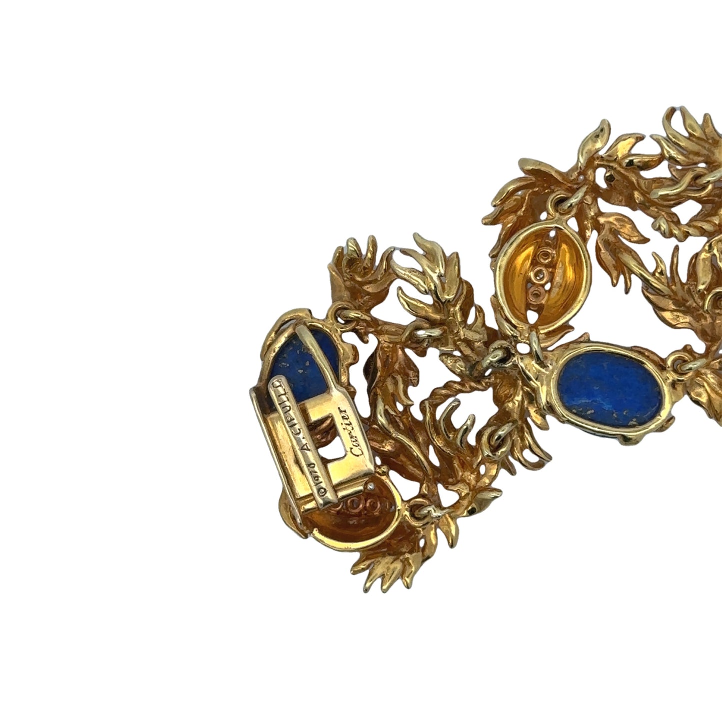 Cartier Aldo Cipullo 1970s 18KT Yellow Gold Lapis Lazuli & Diamond Bracelet close-up of clasp and signature
