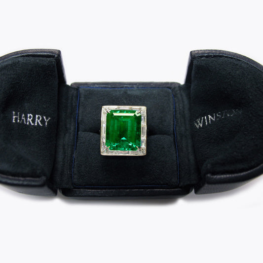 Harry Winston French 1970s 18KT Yellow Gold Emerald & Diamond Ring in box